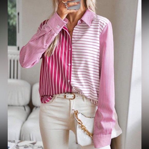Classic Top Blouse Button Down Shirt Pink - Picture 3 of 10